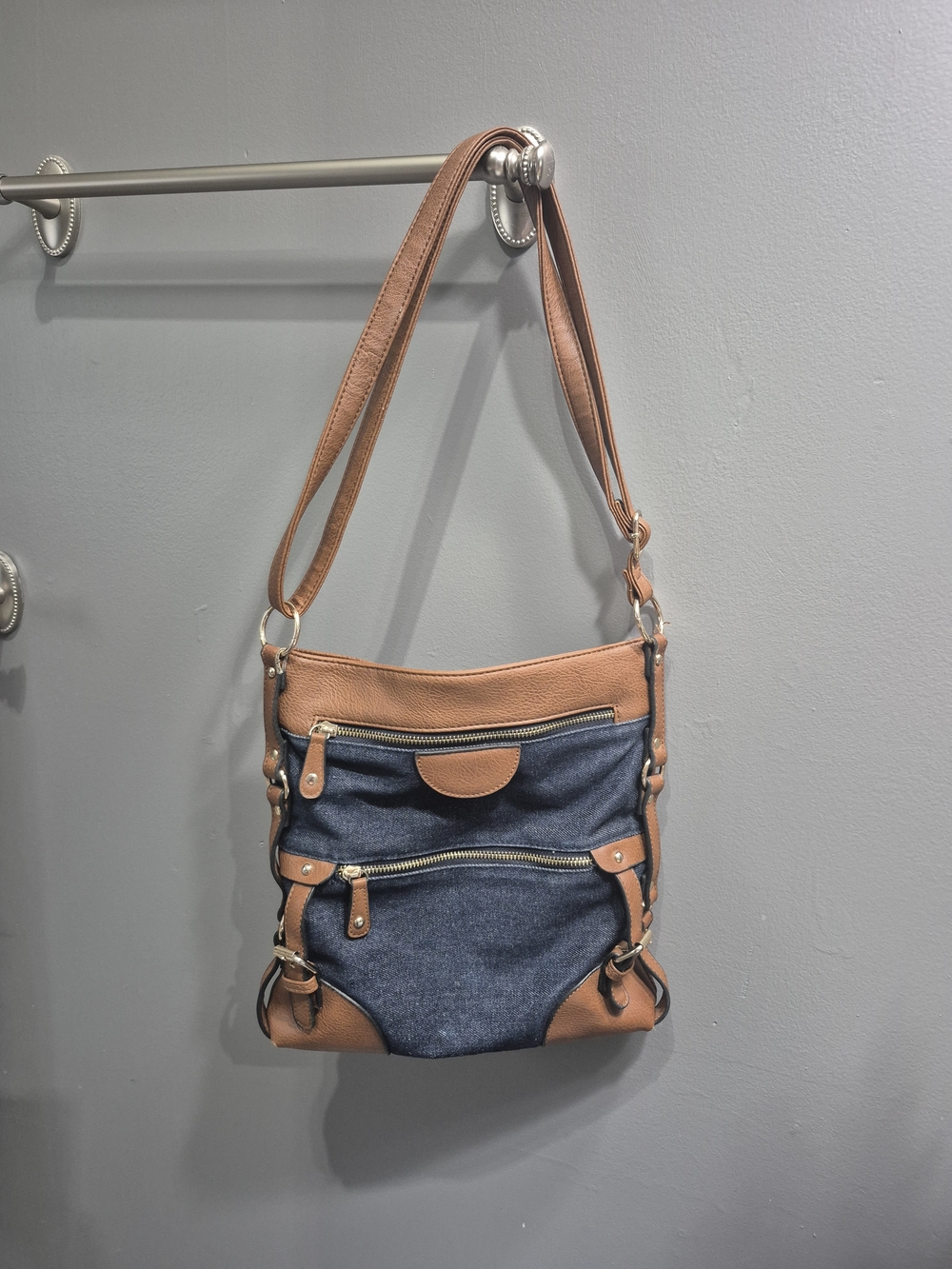 Women’s Crossbody/Shoulder Bag in Dark Blue Denim and Brown Faux Leather - Picture 3 of 12